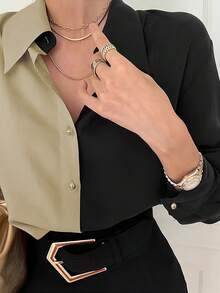 QIANZHIDU Women's Contrast Color Drop Shoulder Long Sleeve Single Breasted Shirt - Black - View 3