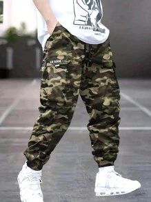 1pc Men's Outdoor Camouflage Print Multi-Pocket Cargo Pants, Casual Loose Fit Drawstring Joggers For Spring/Autumn Hiking, Beach, Daily Commute, Running, Fitness, Cropped Pants - Green - View 6