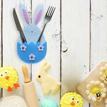 Bolsa para cubiertos de Pascua, linda funda de conejito para cubiertos, bolsa para cubiertos, cuchillos, tenedores, decoración de mesa - Azul - Ver 6