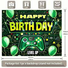 1pc Polyester Happy Birthday Backdrop, Upgraded Gaming Theme Photography Background, Game Party Decor, Video Game Theme Birthday Party Backdrop, Cake Dessert Table Banner, Photo Prop, Indoor/Outdoor Party Decoration