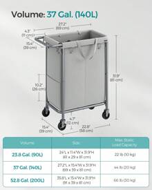 SONGMICS Laundry Basket On Wheels, 2-Compartment Laundry Hamper, 37 Gallons (140L), Removable Liner, Steel Frame With Handle, Large Linen Storage, Grey - Grey - View 7