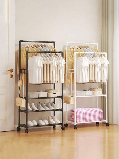 1pc Multifunctional Iron Garment Rack With Shoe Rack And Storage Shelf, Mobile And Easy To Assemble, Suitable For Living Room, Bedroom, Office, Great For Holiday And Christmas Gift