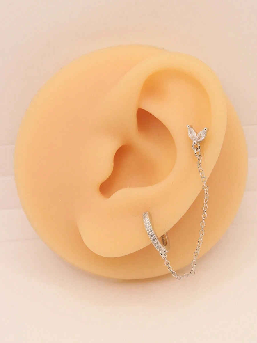 1pc CZ Rhinestone Chain Ear Cuff Earring, Suitable For Daily Wear - Silver - View 1