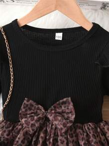 女孩罗纹盖袖豹纹网眼拼接连衣裙