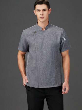 New Short Sleeve Grey Chef Jacket With Copper Button Accents, Breathable