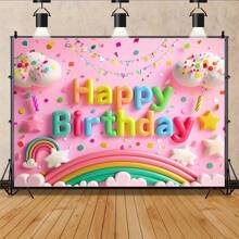 Telón de fondo de pared con tema de nubes arcoíris y estrellas para cumpleaños, decoración festiva alegre de color rosa, adecuada para celebración de pastel y fotografía de eventos - Multicolor - Ver 5