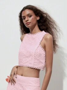 1 pieza Blusa corta sin mangas con bordado floral hueco vintage, patrón floral aleatorio - Rosa - Ver 4