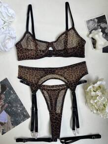 Wilder durchsichtiger Leoparden-Muster Lingerie Strumpfhalter Set, Rave
