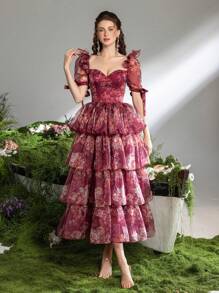 Faeriesty 仙女风舞会礼服，优雅甜心领口，泡泡袖，印花A字长裙，层叠裙摆，后背系带设计——适合盛大晚宴、花园派对、正式晚宴和红毯活动的优雅晚礼服，夏季度假必备 - 酒紅色 - 查看 3