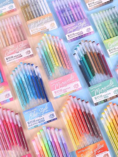 languo 6支/9支渐变色手写笔/荧光笔，0.5毫米笔尖，透明笔杆，适用于绘画、标记、学生笔记、素描、手册制作、办公用途、文具