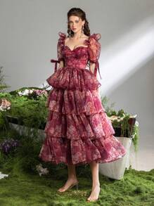 Faeriesty 仙女风舞会礼服，优雅甜心领口，泡泡袖，印花A字长裙，层叠裙摆，后背系带设计——适合盛大晚宴、花园派对、正式晚宴和红毯活动的优雅晚礼服，夏季度假必备 - 酒紅色 - 查看 6