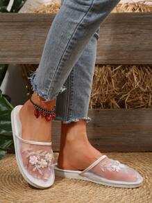 Pantuflas tipo mule sin respaldo para mujer, planas con bordados de malla transpirable, sandalias deslizantes blancas elegantes y casuales para interiores/exteriores, cómodas sandalias planas - Blanco - Ver 5