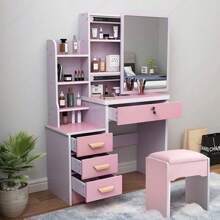 Tocador,Tocador de Maquillaje, Mesa de Maquillaje Moderna con 4 Cajones y Espejo Deslizante,Tocador para Recamara con 3 Estantes Abiertos Silla Incluida Rosa - Rosa - Ver 10
