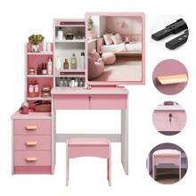 Tocador,Tocador de Maquillaje, Mesa de Maquillaje Moderna con 4 Cajones y Espejo Deslizante,Tocador para Recamara con 3 Estantes Abiertos Silla Incluida Rosa - Rosa - Ver 1