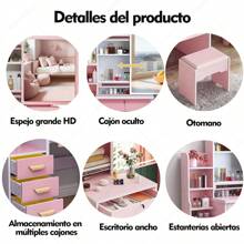 Tocador,Tocador de Maquillaje, Mesa de Maquillaje Moderna con 4 Cajones y Espejo Deslizante,Tocador para Recamara con 3 Estantes Abiertos Silla Incluida Rosa - Rosa - Ver 6