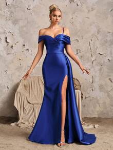 Vestido Longo Assimétrico de Baile Gracioso, Cintura Alta Para Mulheres, Fenda Lateral Drapejada, Elegante Vestido de Noite Formal Para Baile, Formatura ou Jantar - Azul Royal - Visão 5