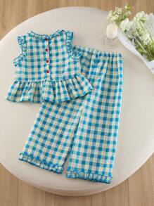 2pcs Girls Young Girl Casual Floral Plaid Pattern Shirred Collar & Sleeves Tank Top & Wide Leg Pants Set, Summer