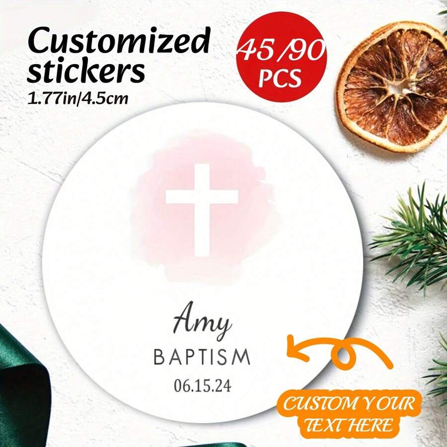 Autocollants de baptême personnalisés : 45/90 pièces - Étiquettes avec nom et date personnalisés pour la fête de baptême d'Amy - 1,77 po/4,5 cm - Conception artistique