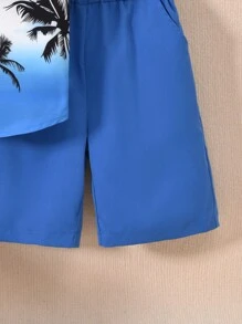 Vihyde 3pcs Set Tween Boy Tropical Coconut Tree Print Short Sleeve Shirt + Shorts + Bucket Hat - Royal Blue - View 7