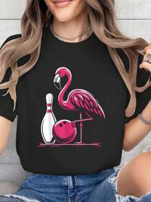 100% Cotton Funny Flamingo Bowling Pin Bowl Bowler T-Shirt - 黑色 - 查看 1