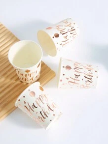 10/25pcs 9oz Happy Birthday Paper Cups, White Background Rose Gold Foil Balloon Happy Birthday Disposable Paper Cups, Party Cups Elegant Rose Gold Metallic Foil For Birthday Party, Dinner, Celebration Event Decor