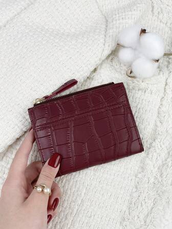 SOUTHLAND&KANGAROO Bolsa burdeos, bolsa rojo cereza, bolsa vino tinto, billetera pequeña con detalles de letras plegable y bolsillo, billetera de mujer plegable y delgada, ligera y portátil, estuche para tarjetas de crédito y llaves, billetera corta moderna y bonita