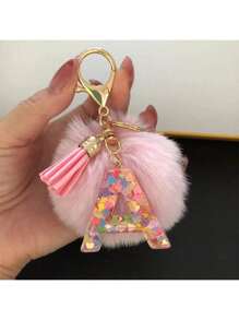 1 Pc,Alphabet Initial Letter Keychain Cute Plush Pom Pom Key Chain Ring Bag Backpack Charm Car Hanging Pendant Women Girls Gift,Cute Sequins Resin Key Chain,Wallet And Handbag Accessories, Keychain With Tassels,Alphabet Initial Letter A-Y - Pink - View 24