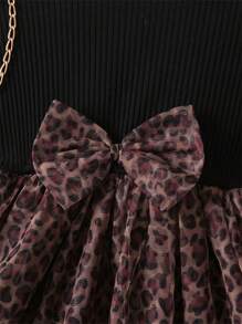 女孩罗纹盖袖豹纹网眼拼接连衣裙