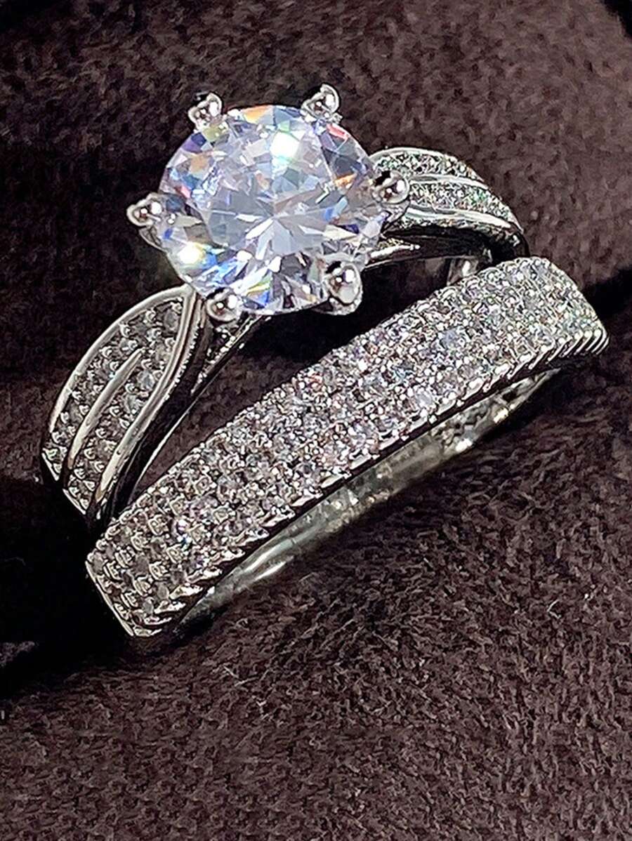 2件套S925和925纯银奢华六爪双层戒指套装，优雅奢华，女士派对戒指，周年纪念场合，情人节送给女性的精致珠宝礼物