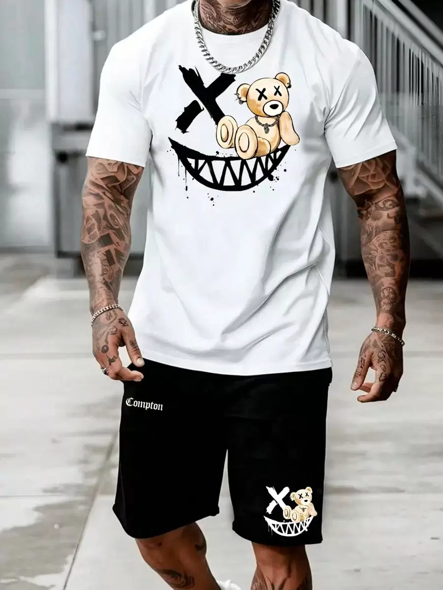 Conjunto Masculino Urso Compton Camiseta Streetwear Masculina + Bermuda Moletom Estampada Kit - Branco - Visão 1