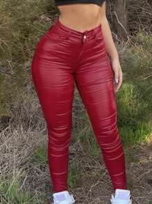 女式纯色口袋性感紧身皮裤 - 紅色 - 查看 1