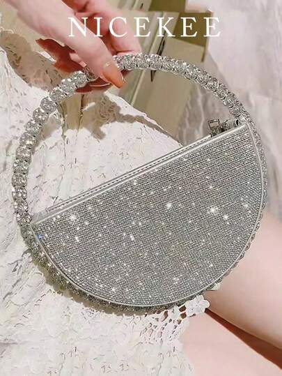 New Luxury Style Women's Round Crystal Rhinestone Evening Bag, Fashion Versatile Portable Elegant Handbag, Suitable For Parties, Galas, Weddings, Can Hold Coins, Phone