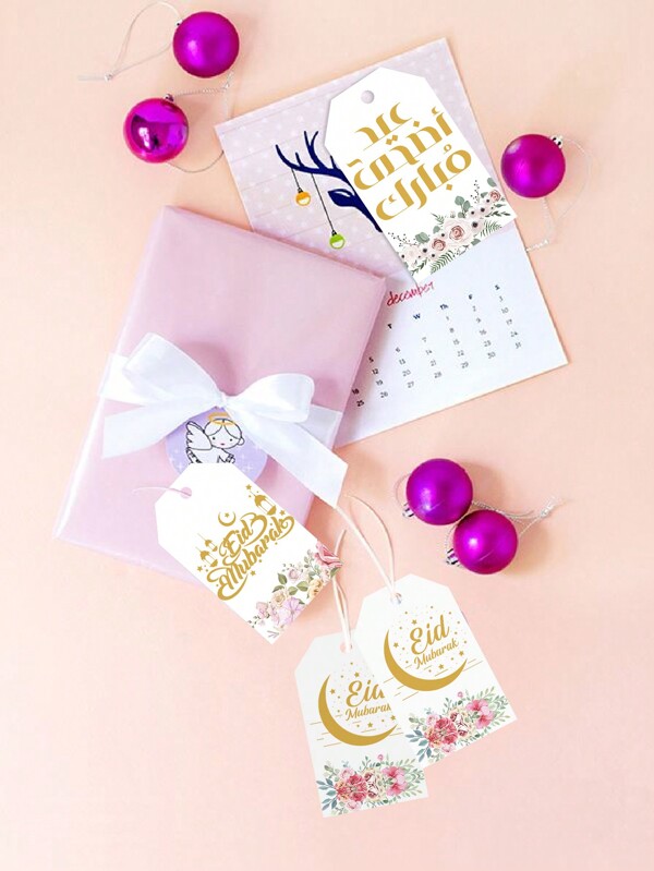 30 piezas de etiquetas de regalo con flores para decoración de fiesta, etiquetas de regalo en forma de media luna dorada, suministros para la fiesta del Eid Menor musulmán, color dorado y blanco