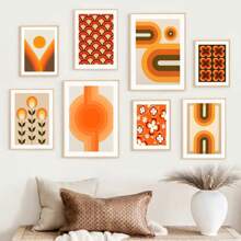 1 件复古 70 年代风格艺术印刷品橙色线条花朵太阳抽象形状海报帆布画墙画客厅装饰无框架 - 彩色 - 查看 2