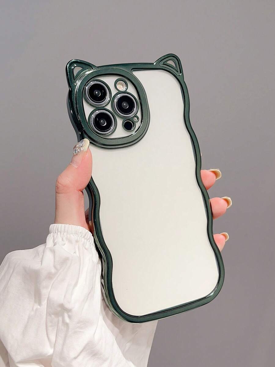 1pc Fashionable & Cute Wave-Shaped Cat-Ear Style 6D Electroplating Dark Green Phone Case, Thick Shockproof TPU Material Compatible With Iphone 7 Plus/8 Plus/X/XS/XR/XS Max/11/11 Pro Max/12/12 Pro/12 Pro Max/13/13 Pro/13 Pro Max/14/14 Pro/14 Pro Max/14 Plus/15/15 Pro/15 Plus/15 Pro Max/16/16 Pro/16 Plus/16 Pro Max - Dark Green - View 1