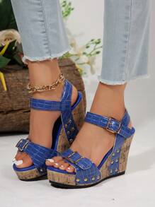 Women's Summer Platform Buckle Rivet Sandals, Cross-Border Plus Size Open Toe Wedge Thick Bottom Sandals - Blue - View 3