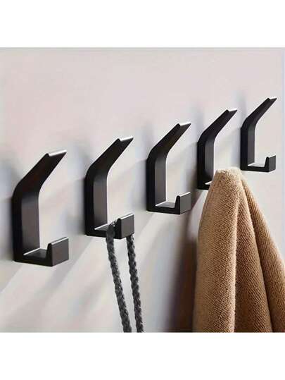 5pcs Self-Adhesive Hooks, No Drilling Required, Plastic Towel Hooks For Bathroom, Clothes Hooks For Wardrobe, Bathrobe Hooks For Bedroom, Key Hooks For Home Organization, Casual Style, Bathroom, Living Room, Kitchen Accessories