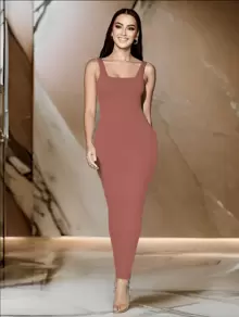 Women's Square Neck Fitted Long Dress - Baby Pink - View 1