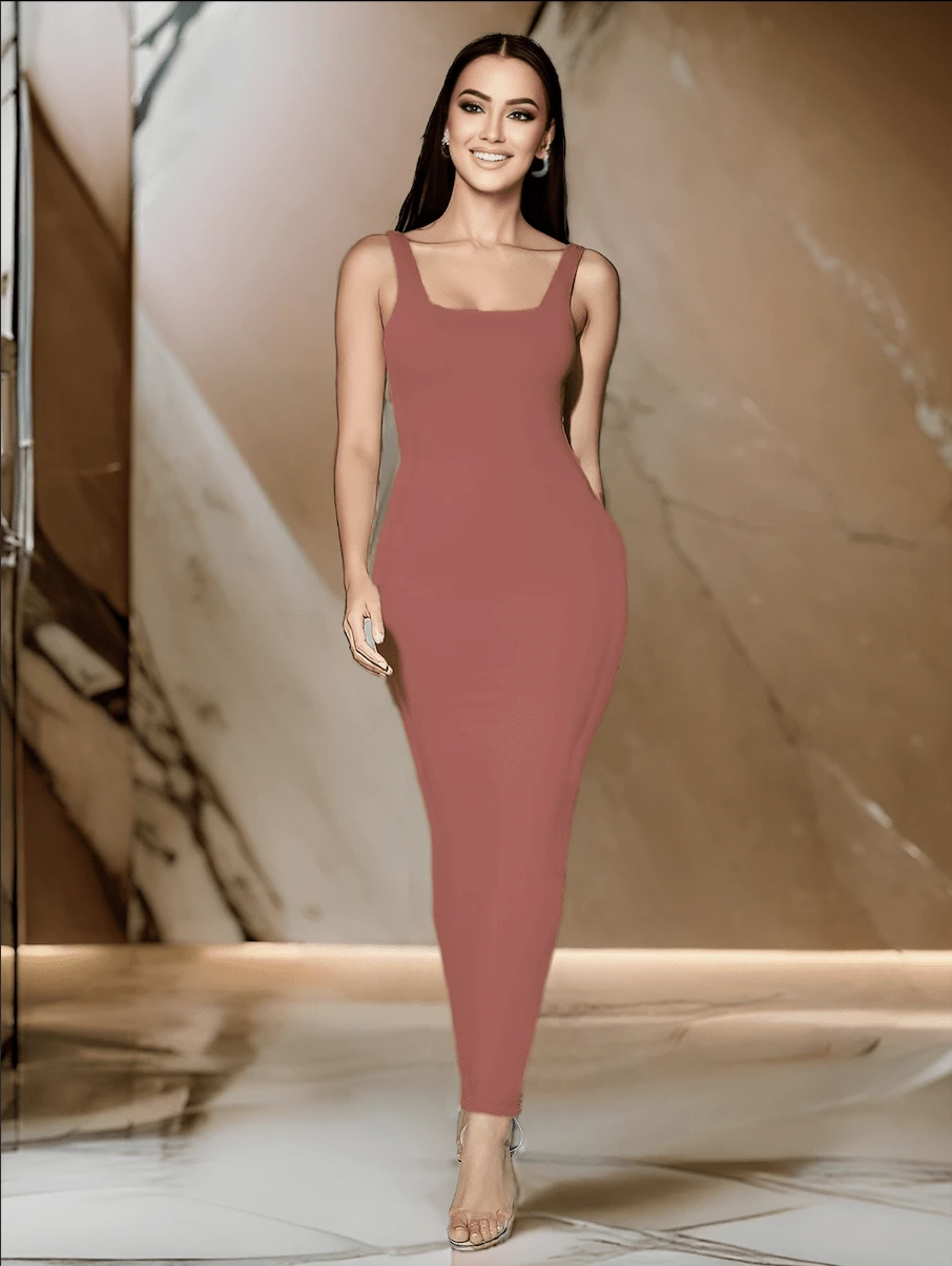 Women's Square Neck Fitted Long Dress - Baby Pink - View 1