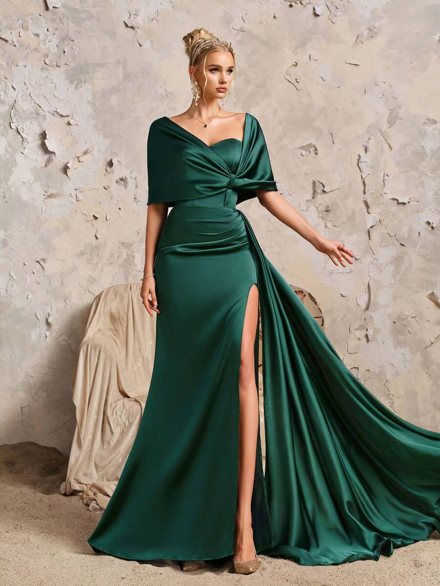 Rochie vintage verde de satin de înaltă calitate, cu șal, 1 buc., rochie elegantă de seară, pentru invitați la nuntă - Verde inchis - Vizualizare 1