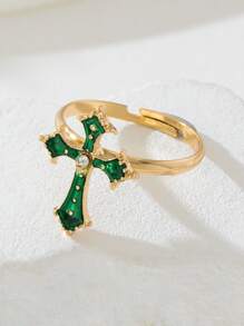 1pc Original  Faith Cross-Shaped Ring With Metal Inlay And Rhinestone Opening Design