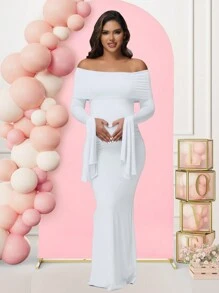 Maternity Open Shoulder Solid Color Long Sleeve Dress, Suitable For Baby Shower Photo Shoot Spring White - White - View 6