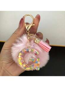 1 Pc,Alphabet Initial Letter Keychain Cute Plush Pom Pom Key Chain Ring Bag Backpack Charm Car Hanging Pendant Women Girls Gift,Cute Sequins Resin Key Chain,Wallet And Handbag Accessories, Keychain With Tassels,Alphabet Initial Letter A-Y - Pink - View 16