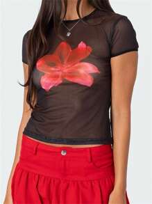 Women Floral Mesh Tops Slim See Through Round Neck Short Sleeve Crop T-Shirt Summer Streetwear Tees - Black - View 5