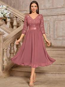 MIUSOL Elegant V-Neck Sequin Floral Lace Ruched Chiffon 3/4 Sleeve Evening Party Long Dress