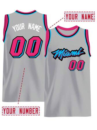Customized Name And Number Men's Embroidered Basketball Jersey Miami Grey Round Neck Personalized Sleeveless Shirt Party Game Training Competition Sports Top DIY S-Xxl,Stylish,Fashion,Hipster,Casual,Minimal Chic,Personalized,Customized,Custom,Unique,Guy Costumes,Capsule Wardrobe,Men Basic/Street Style,Ideal Gifts For Him,Boyfriend,Family,Friends,For Birthdays,For Vacation/Holiday,For School/Competition,For Sports/Climbing