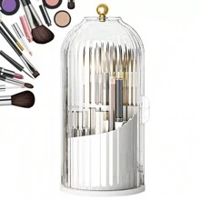 360° Rotating Makeup Brush Holder Storage Box Desktop Cosmetic Organizer W/ Lid - White+Transparent - View 2