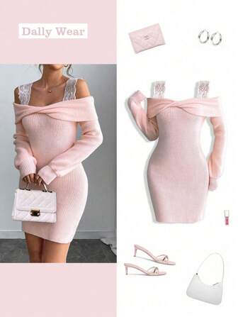 女士纯色蕾丝花边节日荷叶边露背针织情人节连衣裙