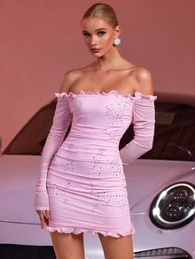 Glamorous Mesh Rhinestone Ruched Slim Off Shoulder Frill Trim Long Sleeve Mini Party Cocktail Dress, Wedding Guest Dress - Pink - View 3