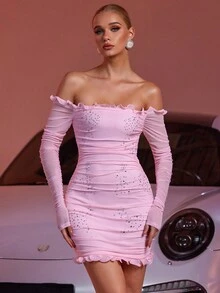 Glamorous Mesh Rhinestone Ruched Slim Off Shoulder Frill Trim Long Sleeve Mini Party Cocktail Dress, Wedding Guest Dress - Pink - View 4